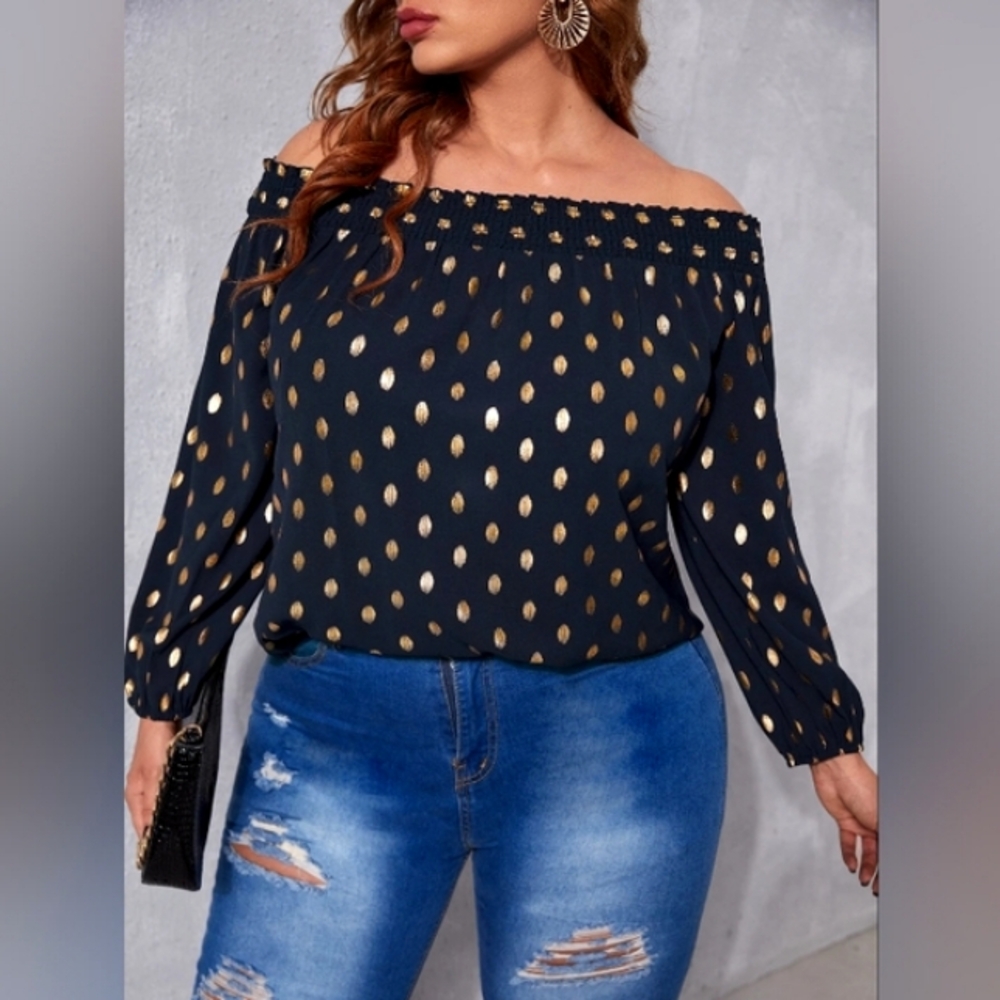 GOLD DOT PRINT OFF-THE-SHOULDER CHIFFON BLOUSE
